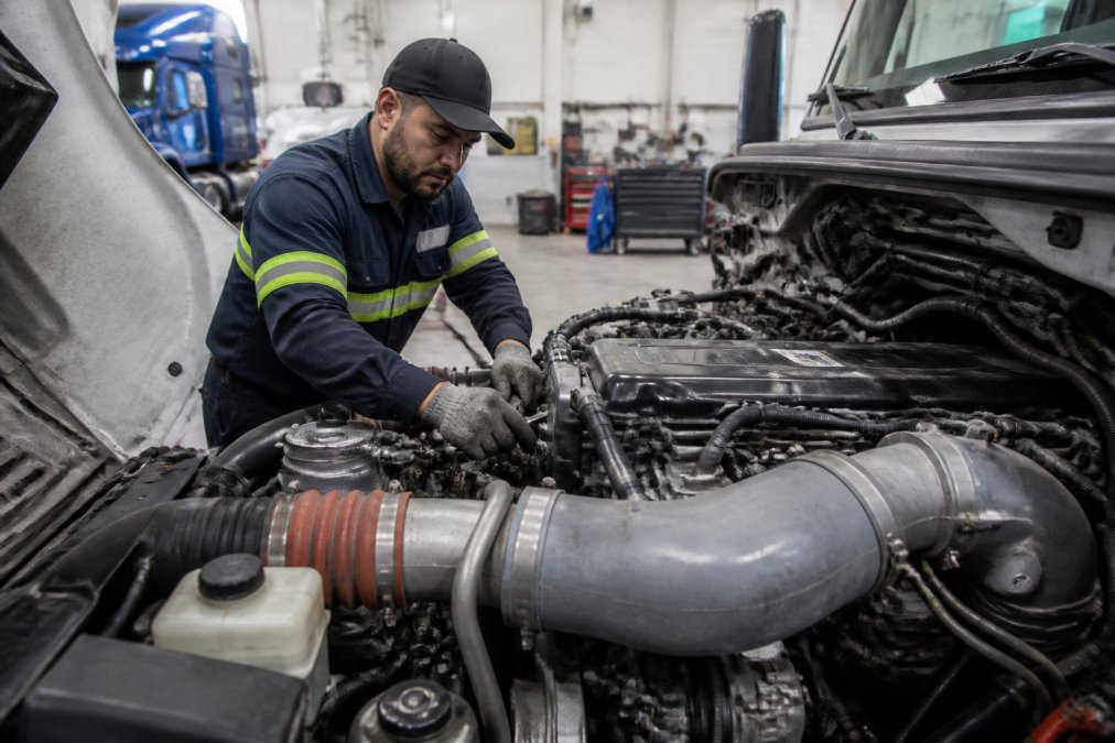 ASE-certified diesel mechanic in professional uniform working on diesel truck engine in bright, modern repair facility with specialized diagnostic equipment and tools visible
