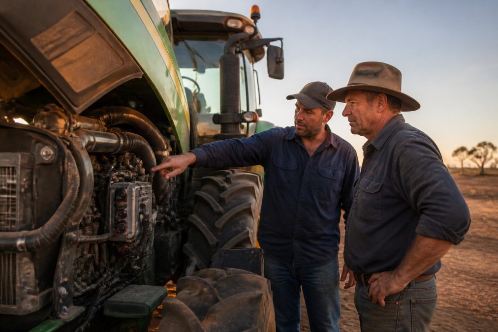 A farmer inspecting a large tractor engine bay in a dusty paddock, with a mechanic pointing to a performance module mounted near the engine, golden hour lighting, realistic rural Australian setting