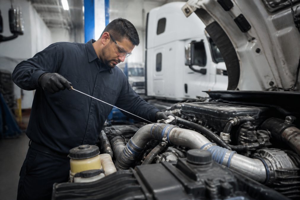 Professional ASE-certified mechanic performing routine maintenance on a diesel truck engine, checking fluid levels and inspecting components under the hood with natural overhead lighting in a modern service bay