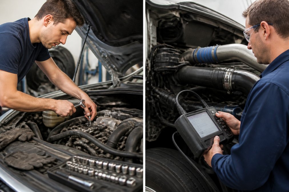 Close-up of a professional diesel mechanic using computerized diagnostic equipment to scan a truck's engine system, with the scanner display visible and the mechanic's hands guiding the diagnostic probe under bright workshop lighting