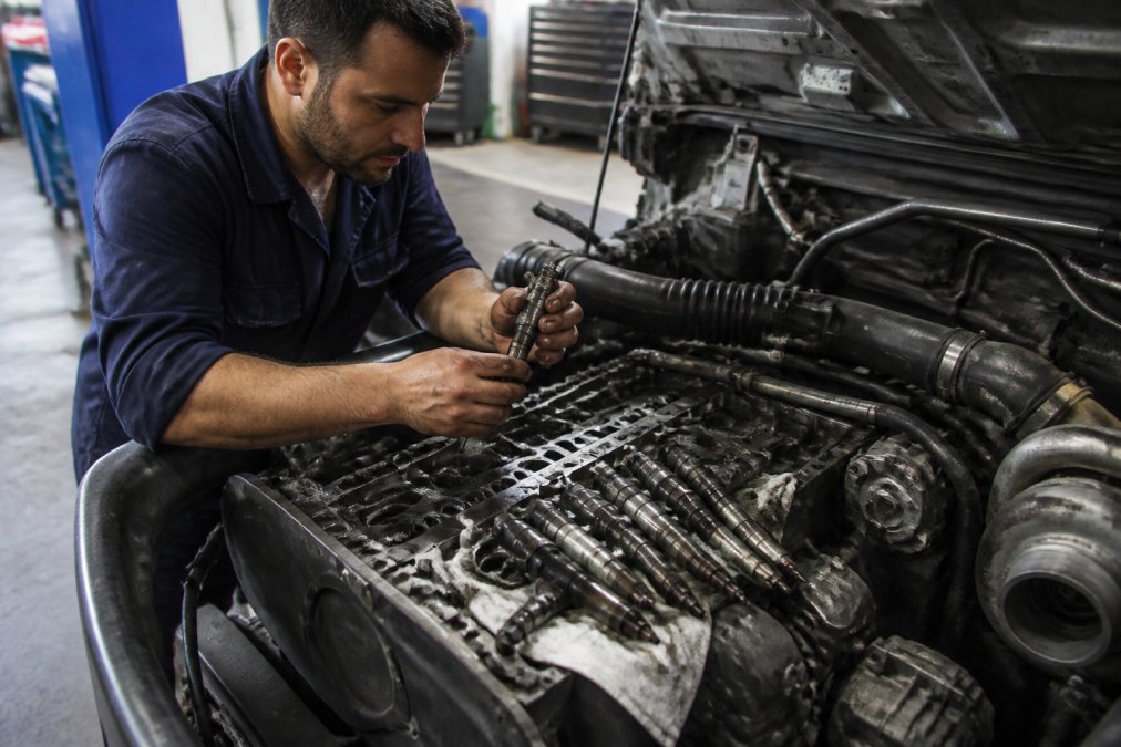 Mechanic inspecting diesel engine fuel injectors and engine block components in a workshop, showing the precision components that require regular maintenance