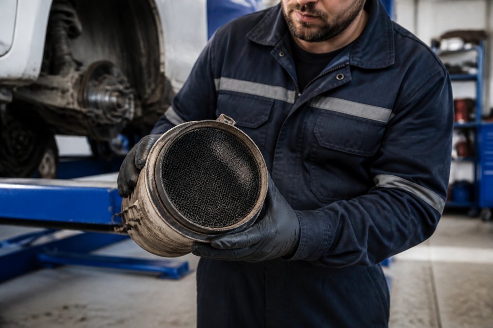 Diesel mechanic holding a removed DPF filter during inspection, showing soot accumulation and the component's condition assessment in a workshop setting