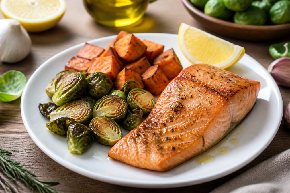 Grilled salmon fillet with roasted Brussels sprouts and sweet potato on a white plate, olive oil drizzled over vegetables, fresh lemon wedge on the side, wooden table with ingredients scattered nearby