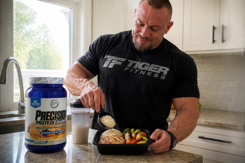 Athlete measuring and preparing a high-protein meal with grilled chicken breast, white rice, and roasted vegetables on a clean kitchen counter with natural morning light