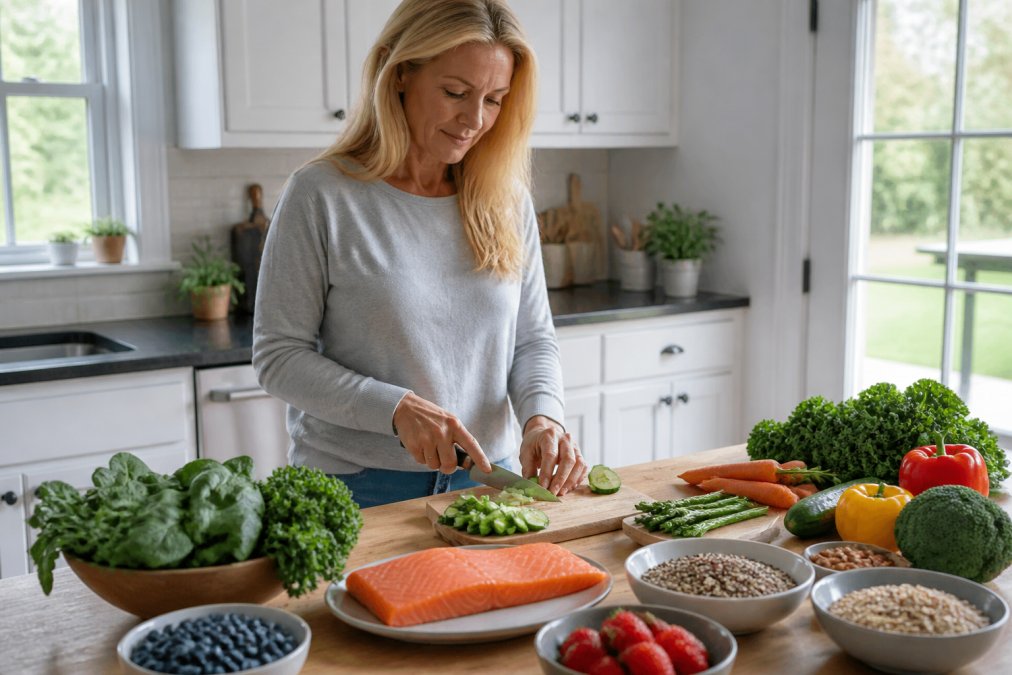 Person preparing fresh vegetables and whole grains in a bright kitchen with colorful anti-inflammatory foods like salmon, leafy greens, and berries on the counter