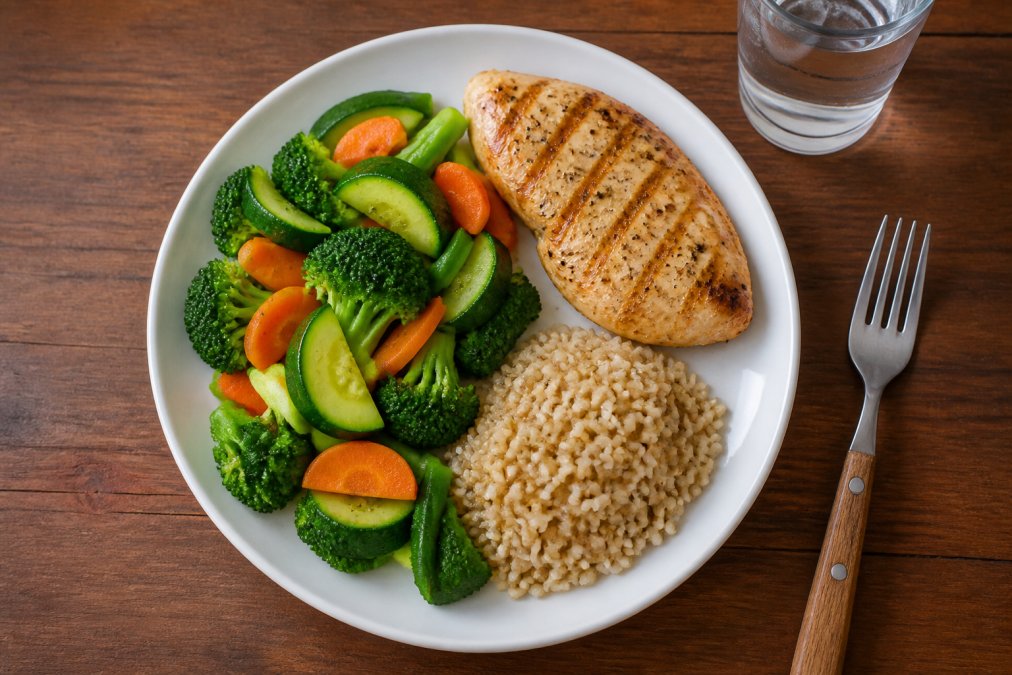 The plate method diagram illustrating natural diabetes management with balanced portions of vegetables, protein, and rice.