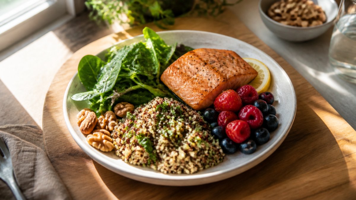 Colorful plate featuring grilled salmon fillet, quinoa pilaf, fresh leafy greens, mixed berries, and scattered nuts on a wooden cutting board with natural morning sunlight streaming across the surface