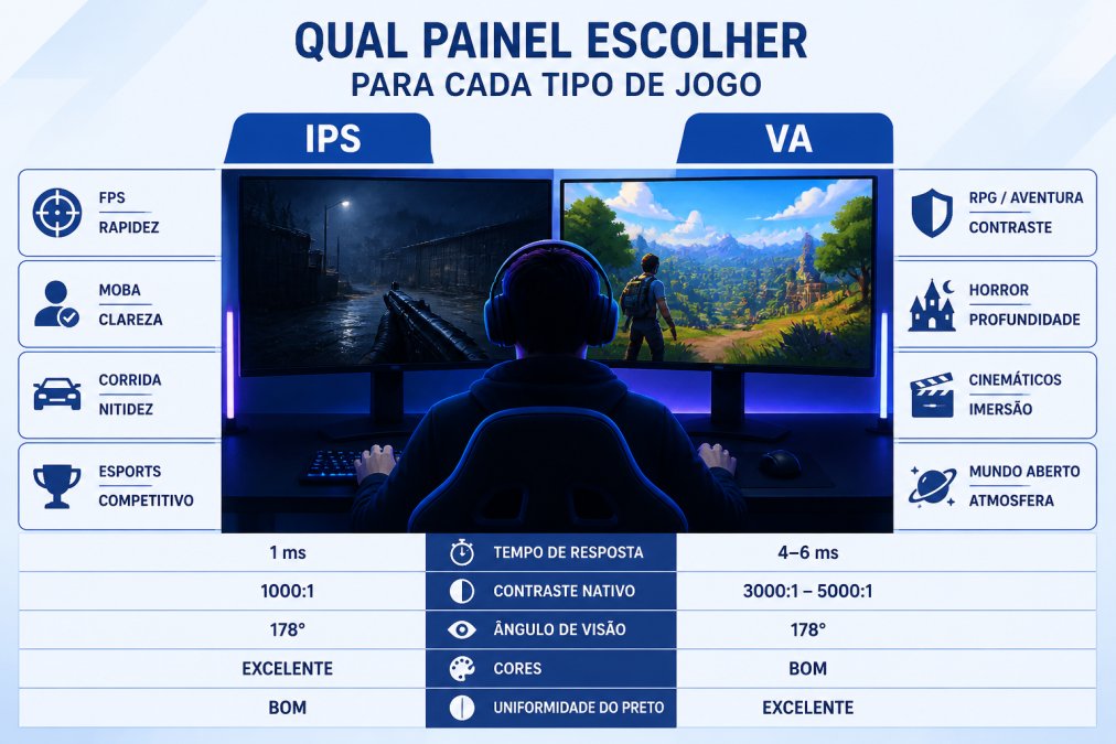 Infográfico comparando a diferença entre monitores ips e va para gaming com dois cenários de jogo.