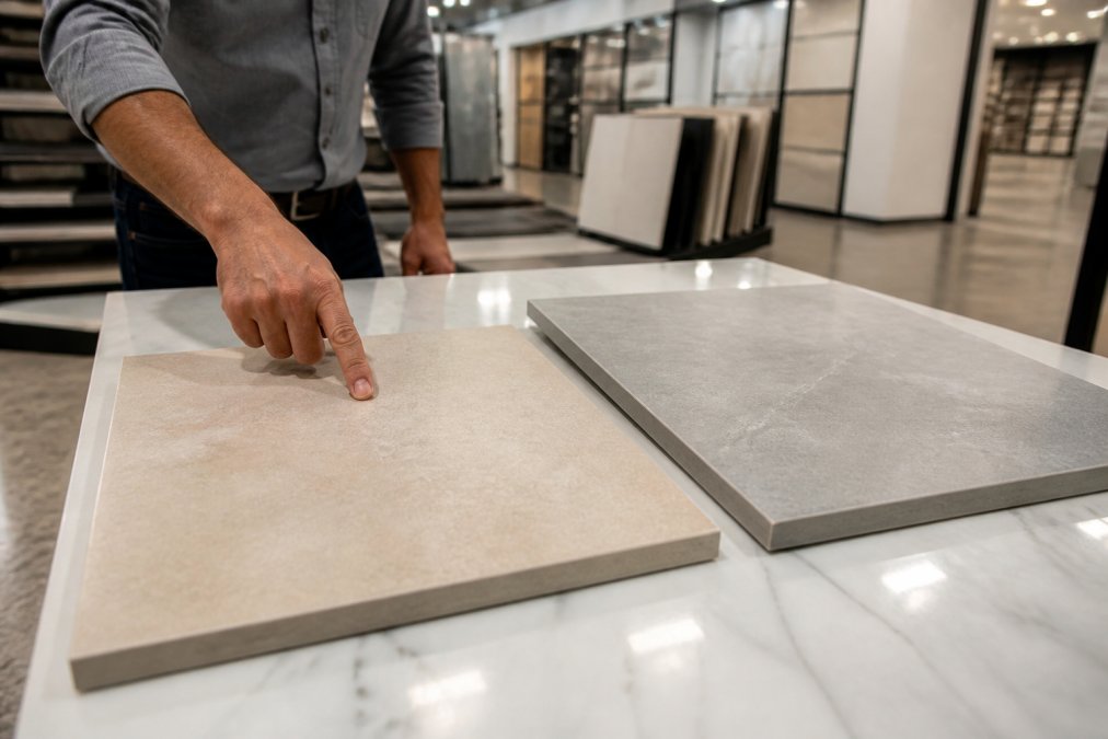 Contratista comparando texturas de muestras en la elección de pisos cerámica porcelana en una tienda especializada.