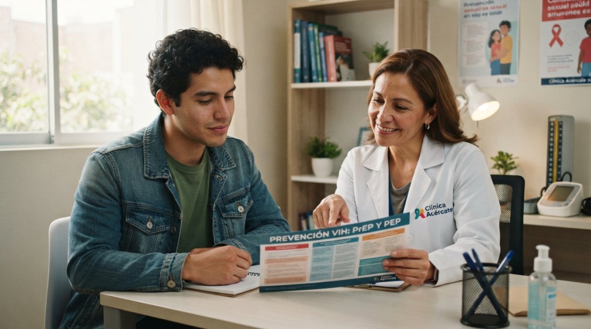 Profesional de salud explicando la diferencia entre PrEP y PEP a un paciente en una consulta médica moderna.