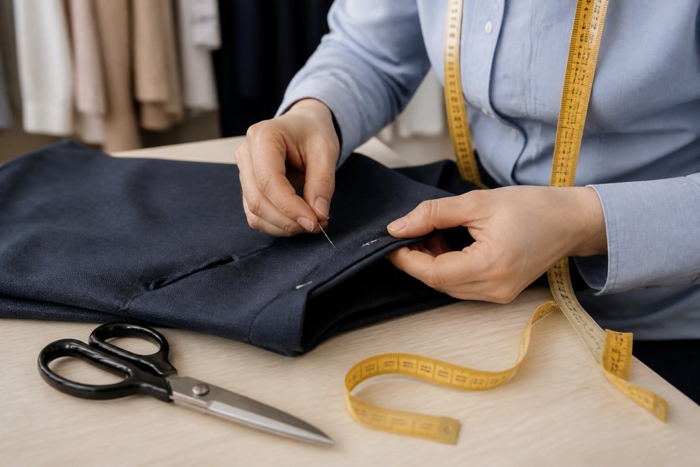 Close-up of a seamstress's hands pinning the hem of a pair of dress pants on a sewing table, measuring tape and scissors nearby in a bright studio