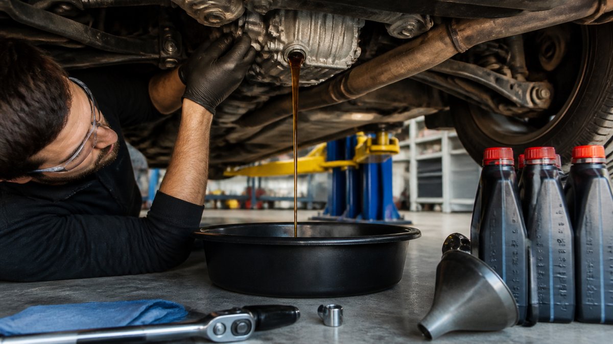 Mechanic draining amber fluid into a pan for a differential fluid change track day maintenance task.