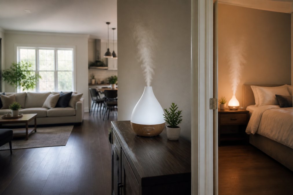 A modern open-concept living room with a large ultrasonic diffuser misting on a console table, and a small bedroom visible through a doorway with a compact diffuser on a nightstand
