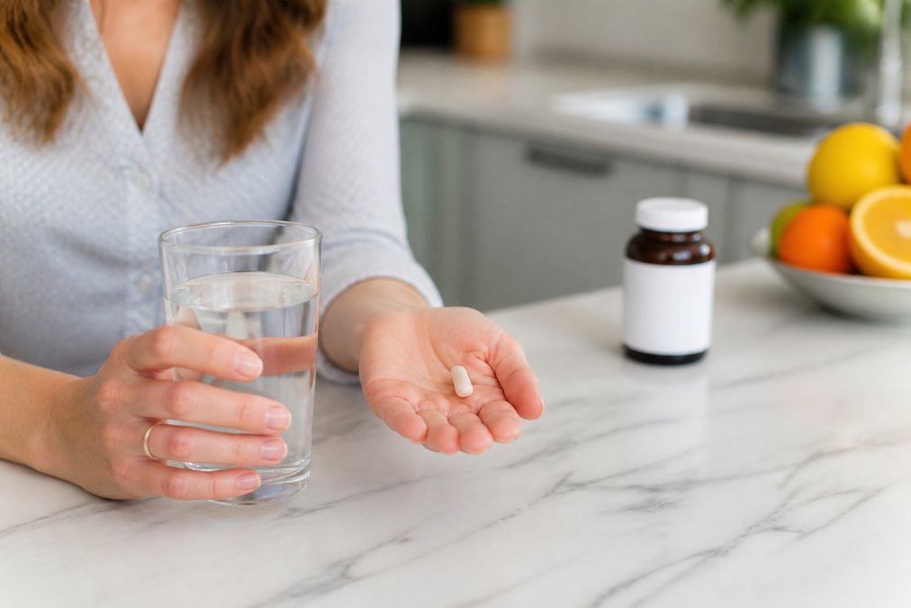 A close-up photo of a woman's hands holding a clear glass of water and a white capsule, with a bottle of probiotic supplements blurred in the background on a bright kitchen counter
