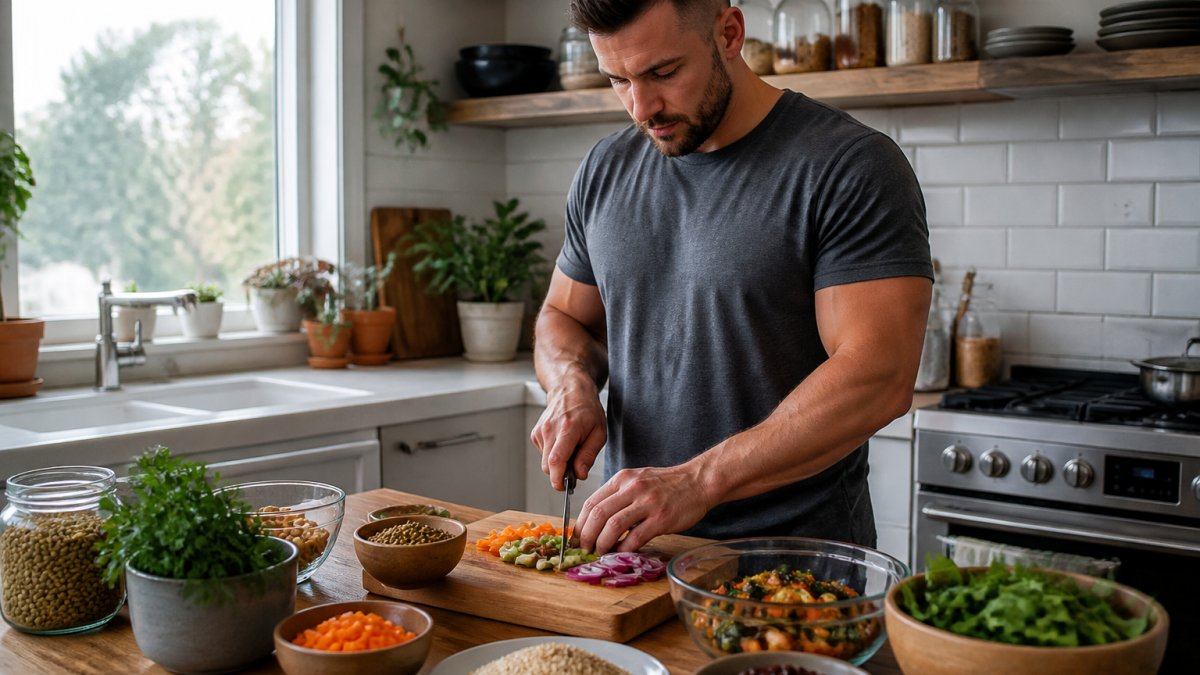 Plant-based athlete preparing a colorful meal with cooked lentils, quinoa, roasted vegetables, and legumes in a bright kitchen, hands visible chopping vegetables and measuring portions