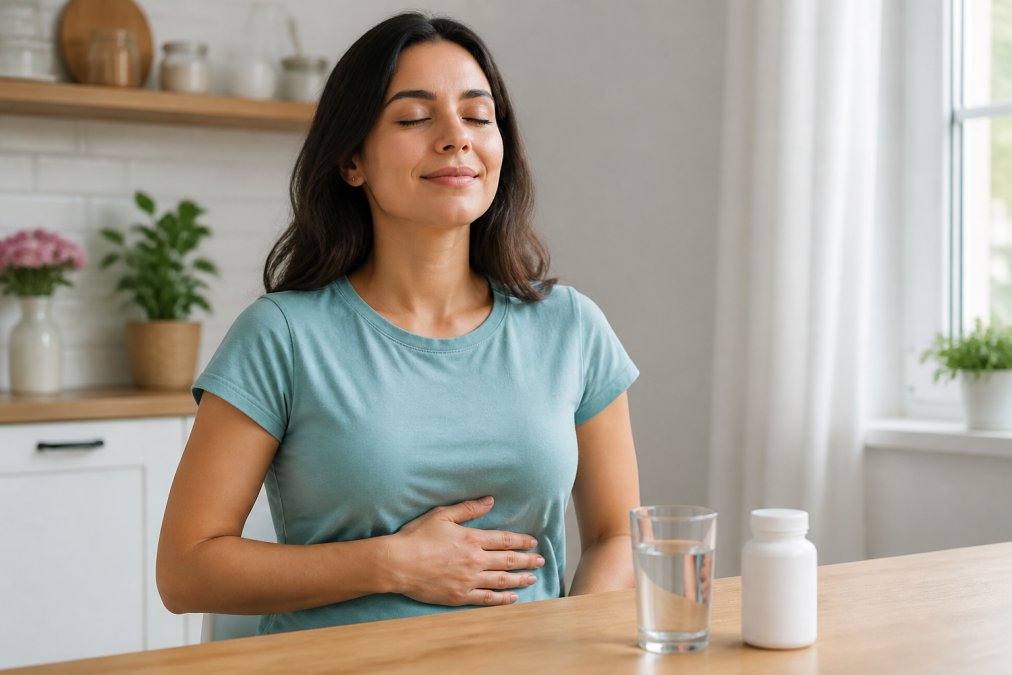 Person holding their stomach with a relieved expression, sitting comfortably at a table with a glass of water and a supplement bottle nearby