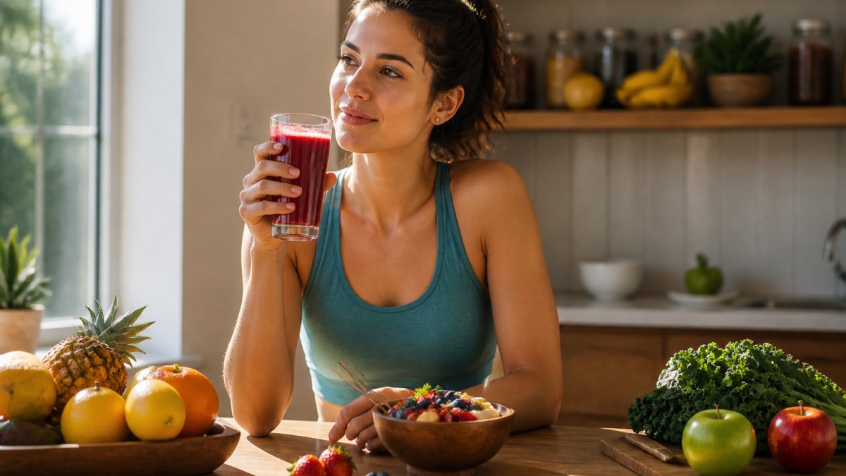 Person holding a glass of fresh juice and a bowl of fruit, sitting at a bright kitchen table with morning sunlight, looking thoughtful about meal choices
