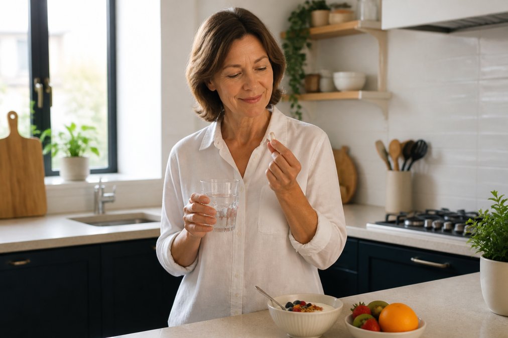 A woman in her forties in a bright UK kitchen holding a glass of water and a small white capsule, with a healthy breakfast of yoghurt and fresh fruit on the counter beside her
