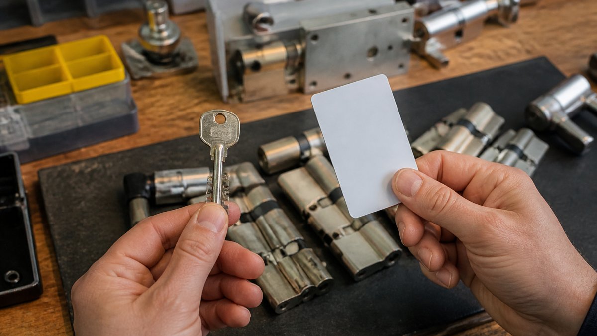 Close-up van twee handen die een mechanische sleutel en een digitale toegangskaart naast elkaar vasthouden boven een werkbank met slotcilinders