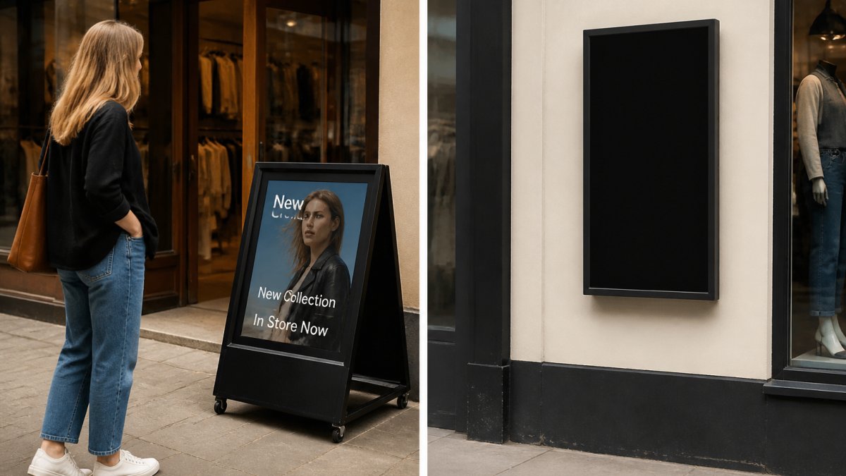 A battery-powered digital A-board displaying a promotional message outside a high street shop entrance on a bright day, with a passer-by glancing at the screen