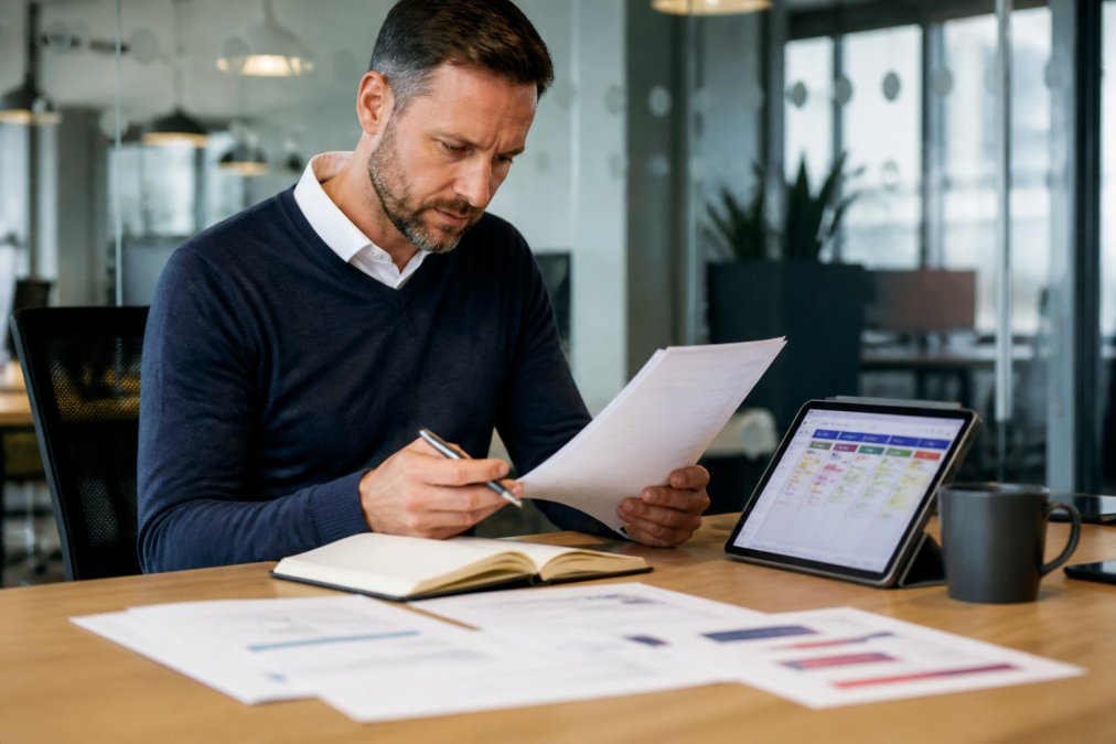 A project manager in a modern UK office reviewing printed agile documents and a tablet displaying a kanban board, with a coffee mug nearby