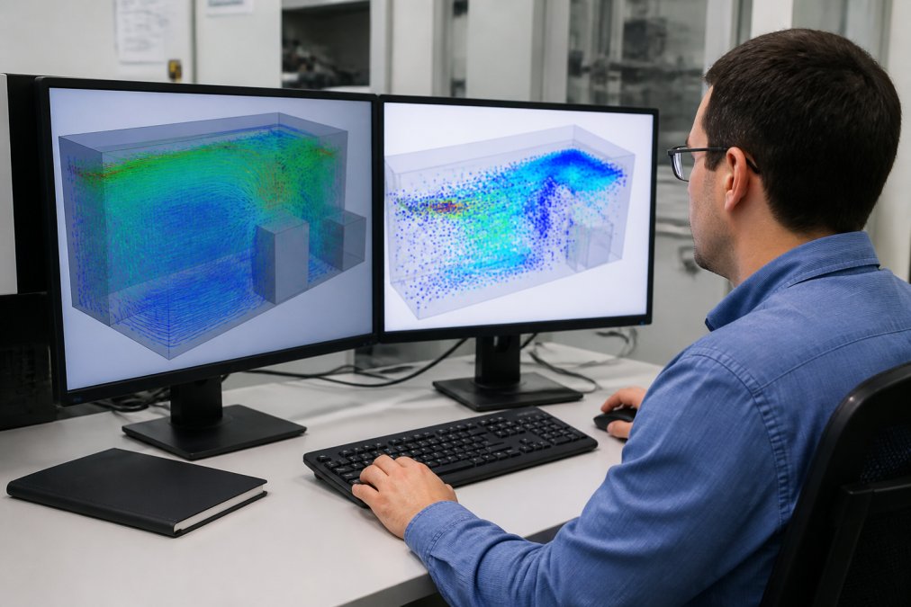 Engineer at workstation reviewing 3D cleanroom airflow simulation on dual monitors, showing color-coded velocity vectors and particle dispersion patterns with surrounding technical equipment