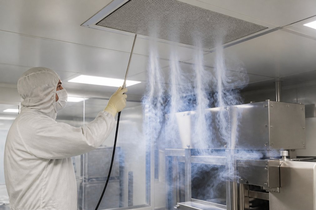 Technician in full cleanroom garb performing smoke study, holding a fog wand near ceiling-mounted HEPA filter with visible white fog patterns flowing downward in laminar streams, showing clean airflow and turbulent zones near equipment