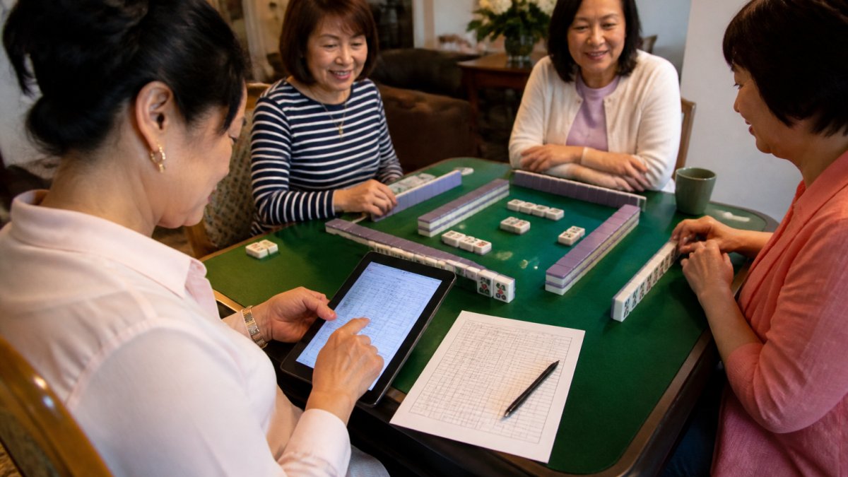 A group of women at a card table playing Mahjong, with one player tapping a tablet to record a score while a paper scorecard sits nearby, warm home lighting