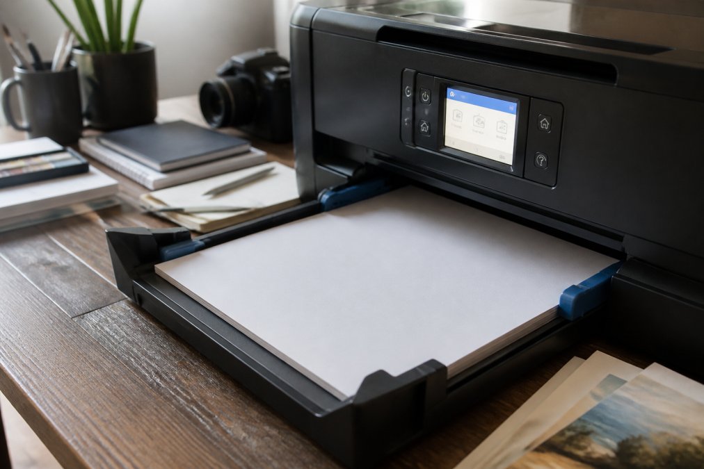 A close-up of a printer's paper tray with a sheet of heavyweight matte art paper loaded, showing the paper guides adjusted snugly, with the printer's quality settings visible on the screen in the background