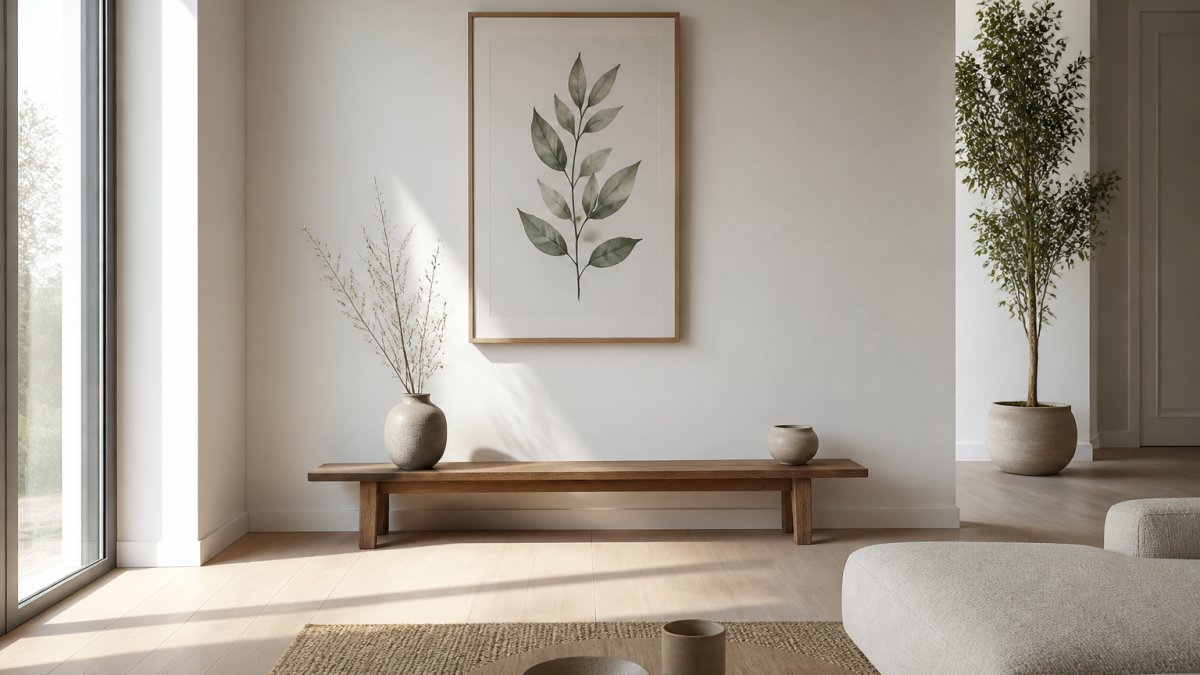 Serene minimalist living room with a single framed botanical art print on a white wall above a low wooden bench, soft natural light streaming through large windows, pale wooden flooring, and negative space dominating the composition