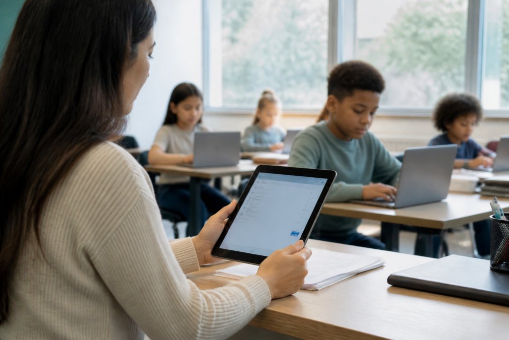 Teacher reviewing a digital assessment design quiz on a tablet while students work on laptops in a bright classroom