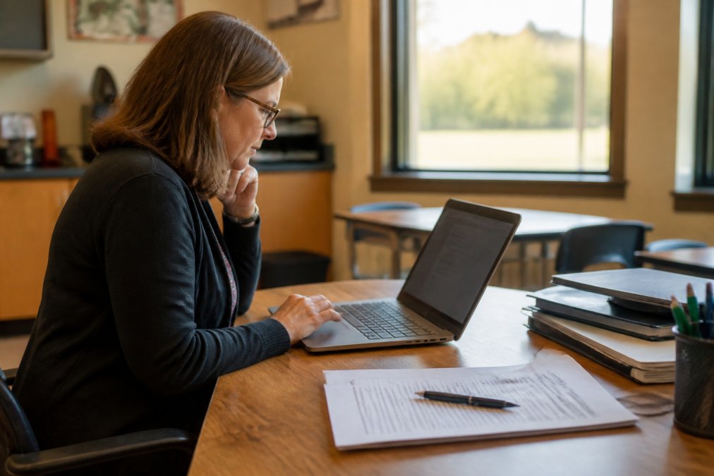 Teacher reviewing student essays on a laptop with a printed guide for rubric support on a desk.