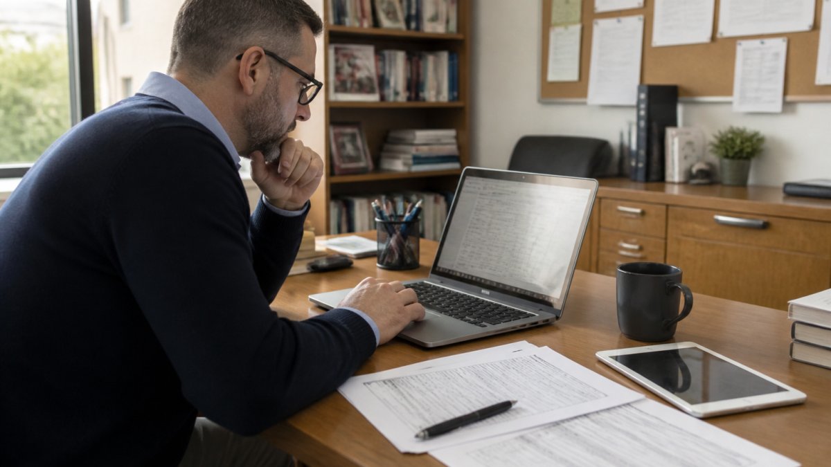 University lecturer reviewing student digital assessment results on a laptop in a bright campus office