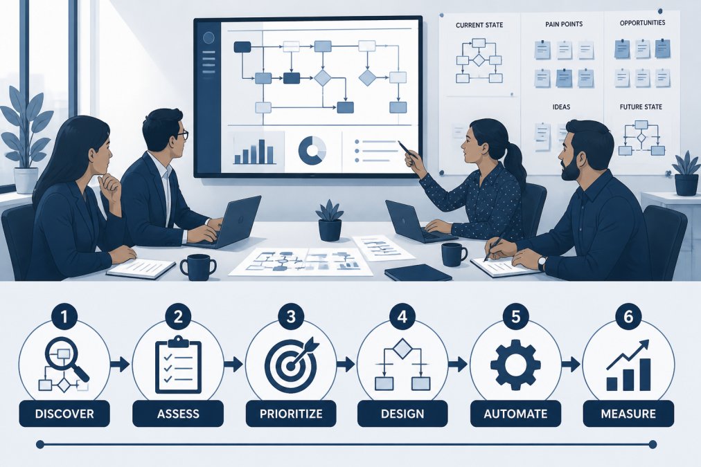 Professional team gathered around a conference table reviewing process workflows on a large monitor, with sticky notes and process diagrams visible on the wall behind them, natural office lighting