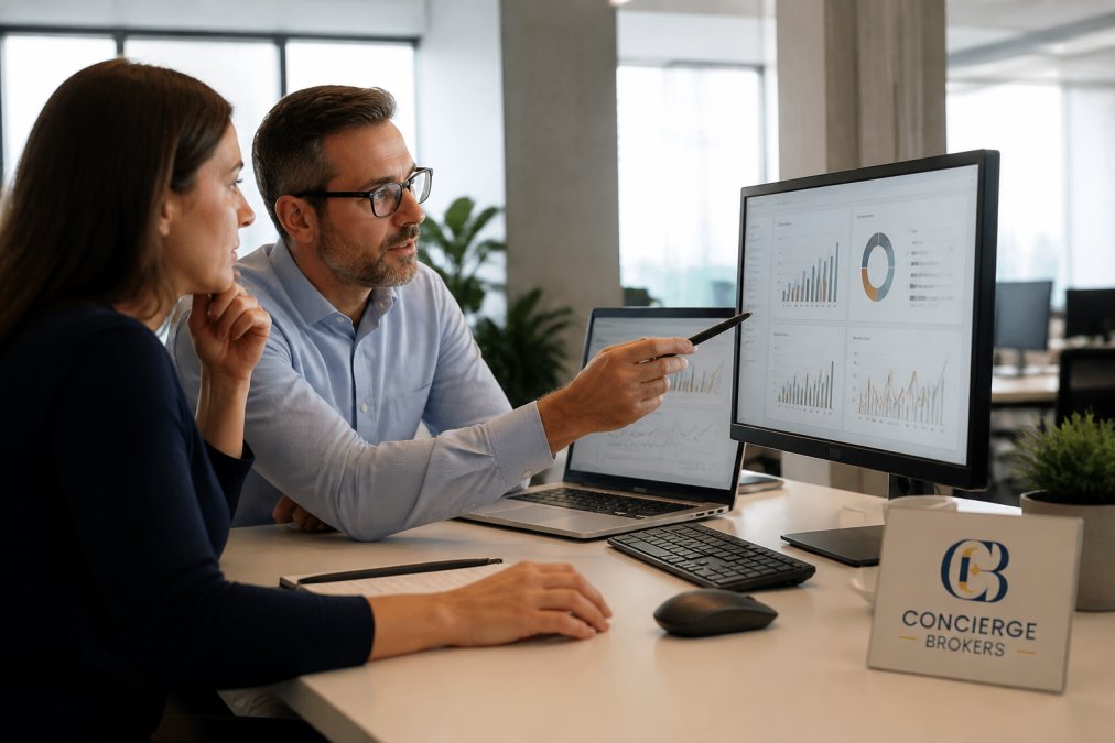 Manager and analyst reviewing performance dashboards on a computer screen in a modern office, discussing metrics and results with charts visible on the display
