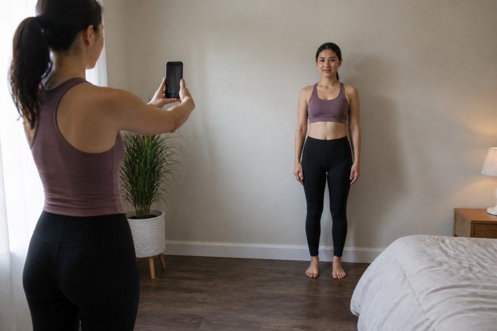 Person standing in natural lighting while using a smartphone to capture full-body photos for body measurement scanning, showing proper positioning and camera angle