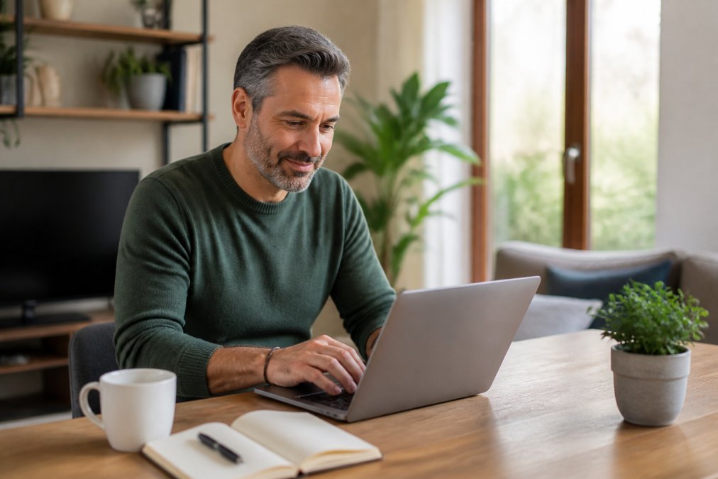 A professional in their 40s working on a laptop at a home desk with a coffee mug and notebook, looking focused and optimistic in warm natural light