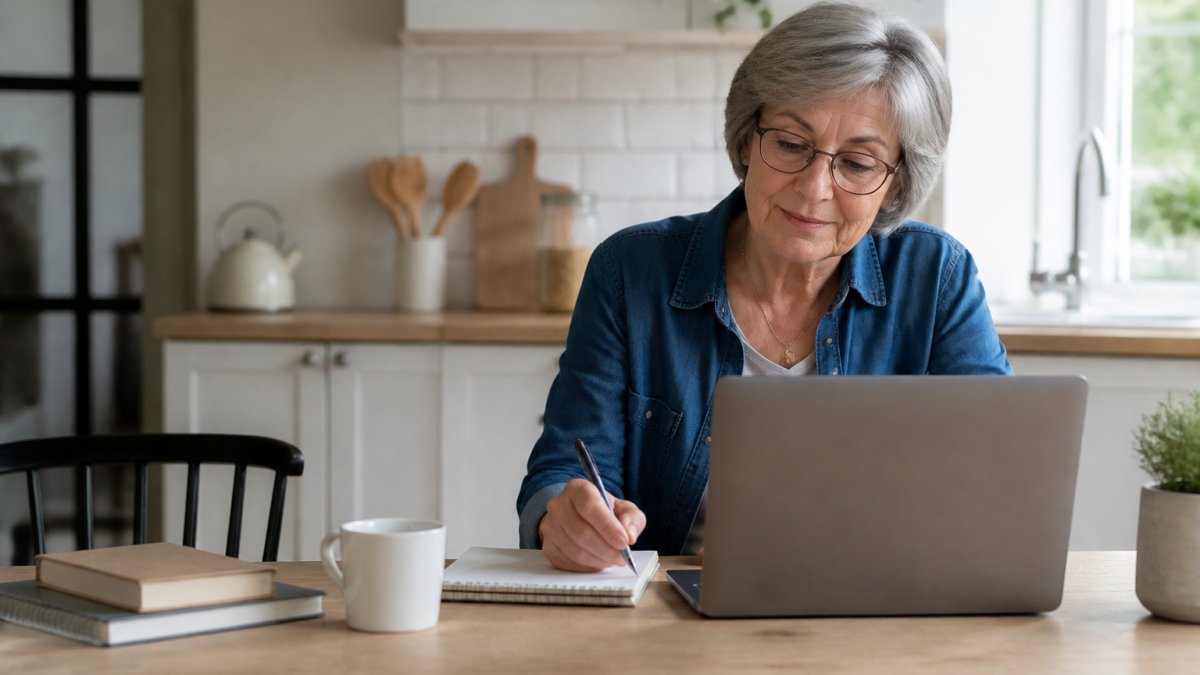 A retiree in their late fifties sitting at a tidy kitchen table with a laptop, a notebook and a cup of coffee, working calmly in soft morning light