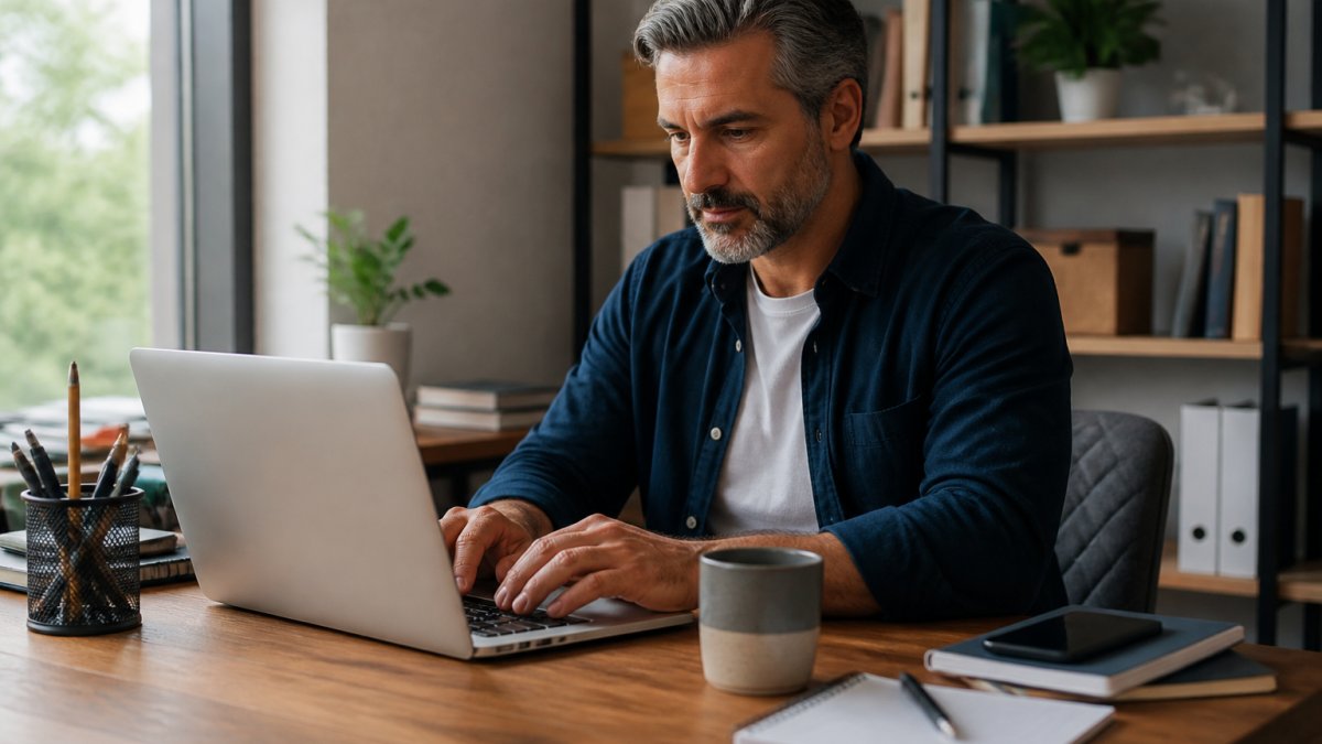 Focused professional working on a laptop in a bright home office to start a digital business with no monthly fees.