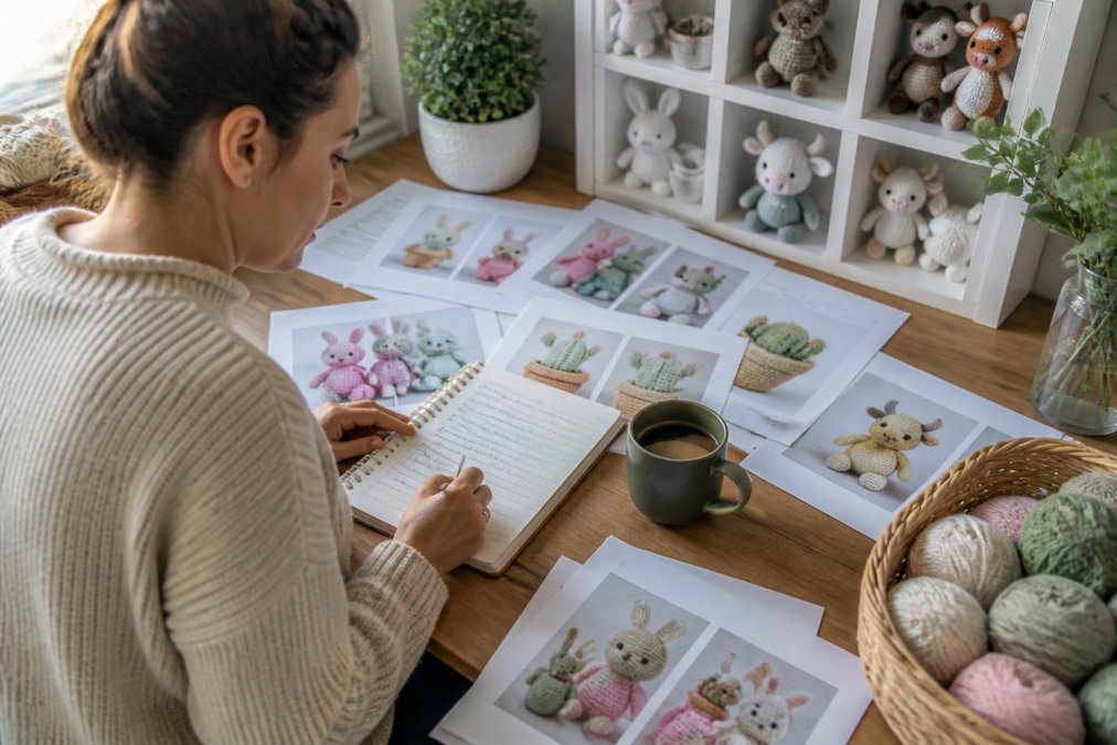 Crocheter sitting at desk with laptop, printed crochet pattern sheets, and coffee mug, reviewing digital files and taking detailed notes on pattern quality