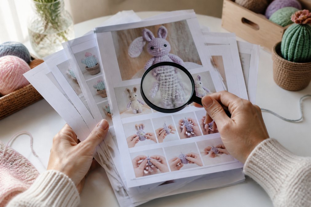Close-up of hands holding printed crochet pattern bundle with magnifying glass, examining pattern clarity, text legibility, and formatting quality on white desk with natural light