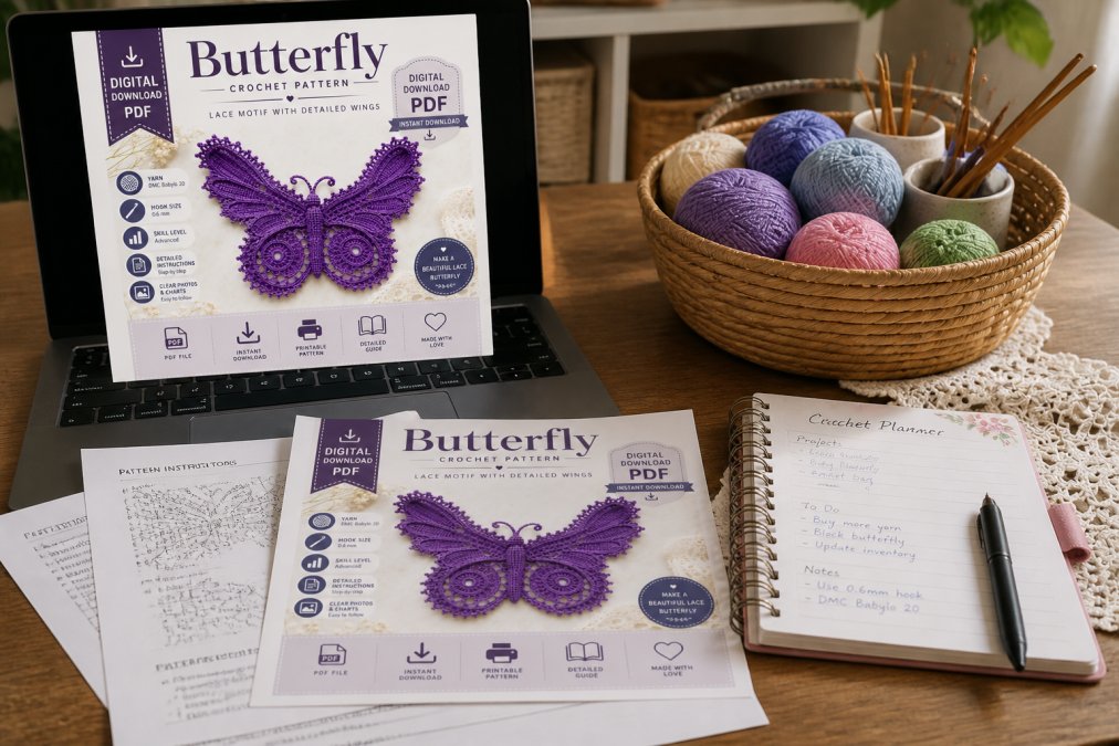 Crafter's workspace showing laptop open with digital pattern files visible on screen, printed crochet patterns spread on wooden desk, yarn balls organized in basket, and a printable crochet planner with handwritten notes