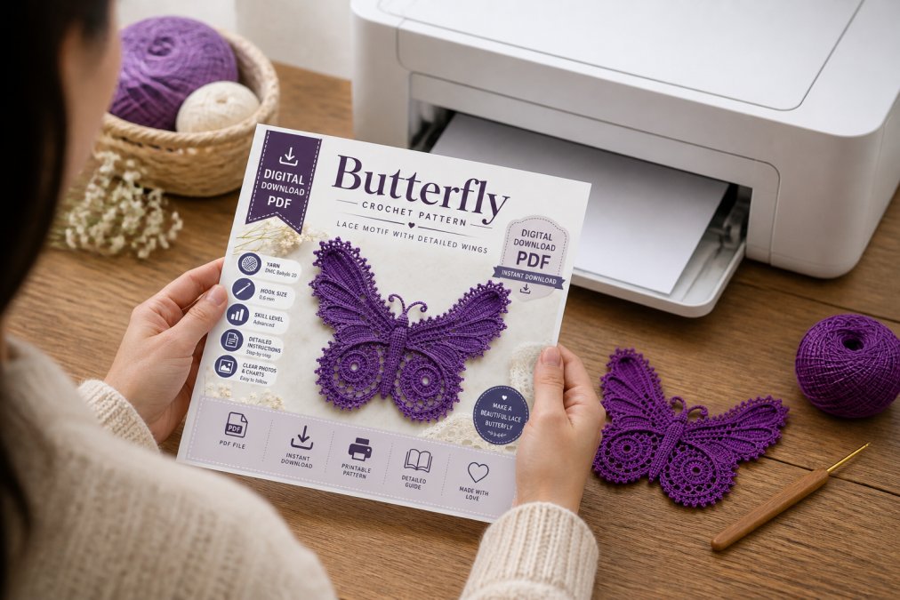 Close-up of hands holding a printed crochet pattern with clear, legible text and detailed stitch charts, positioned next to a printer with yarn and crochet hook on wooden surface