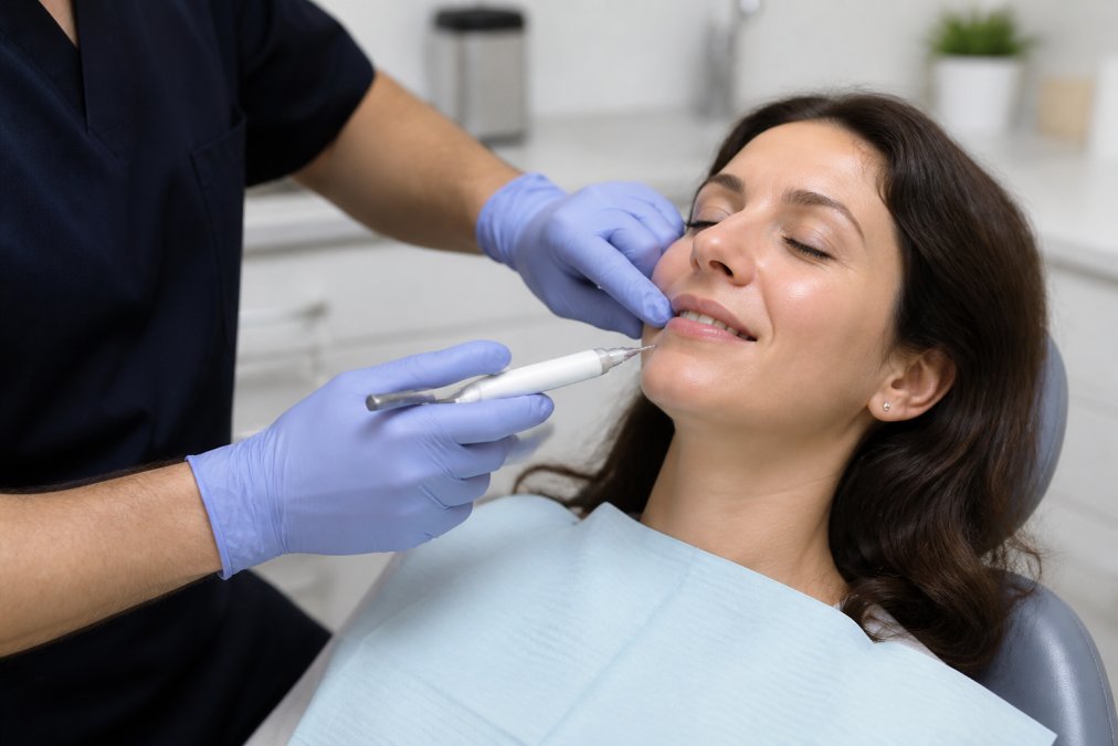 Patient relaxed in a modern dental chair receiving a computerized anesthesia injection using a pen-shaped device, dentist's gloved hands visible with soft clinical lighting in the background