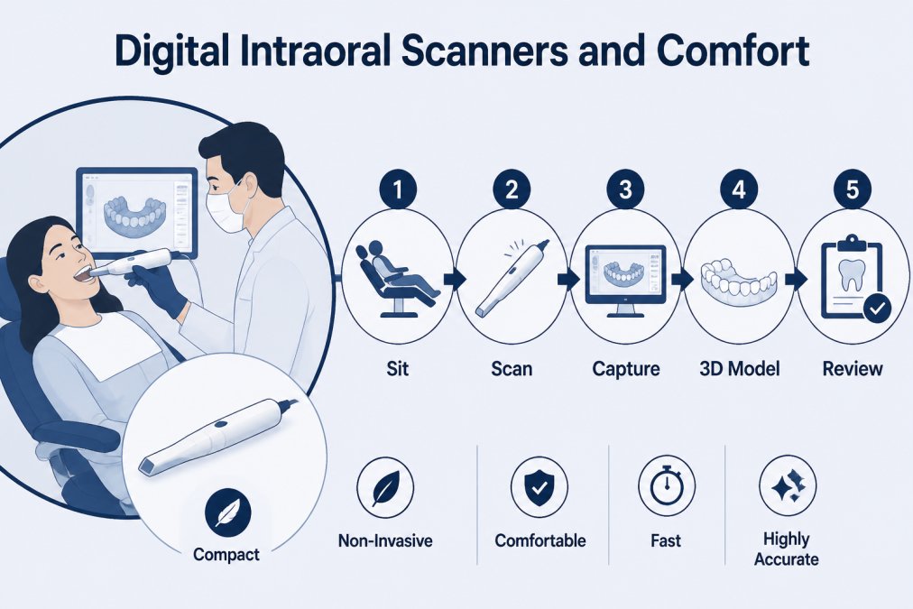 Patient seated comfortably in a dental chair while a dentist uses a small, pen-shaped intraoral scanner wand near their mouth, showing the non-invasive scanning process with clear visibility of the device's compact design