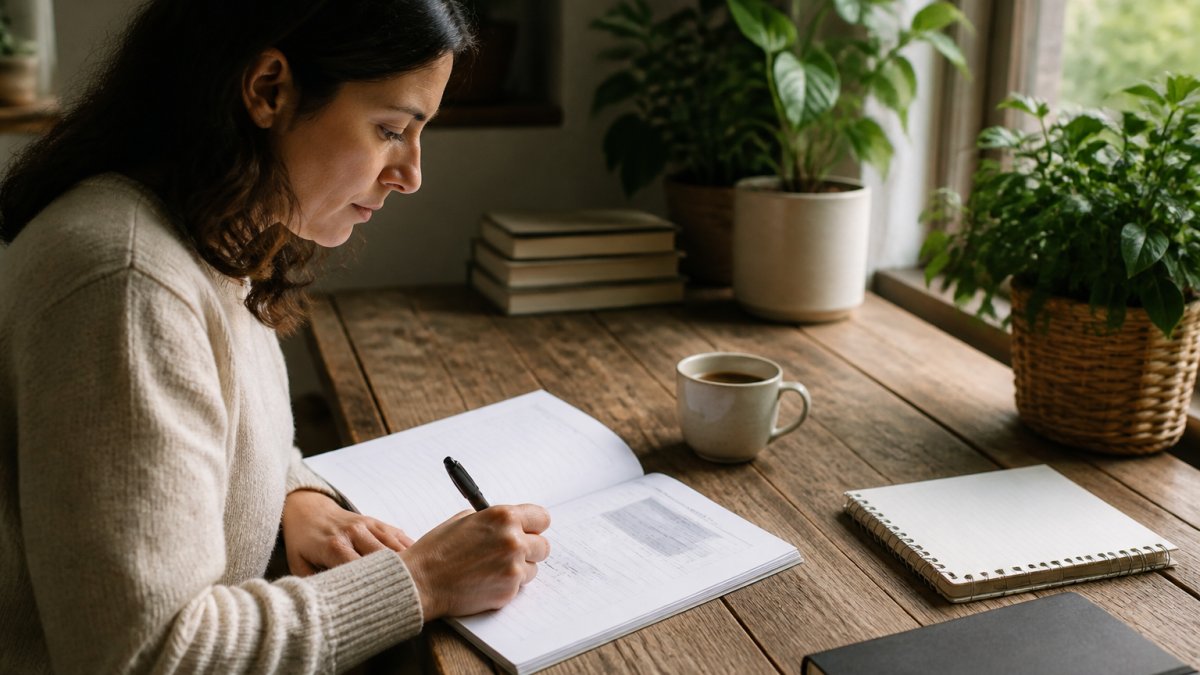 A person sitting at a wooden desk with a printed workbook, a pen, and a cup of coffee, natural window light, focused and calm atmosphere
