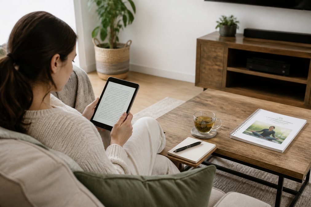 Comparison chart contrasting digital ebooks and traditional wellness courses with a tablet and workbook setup