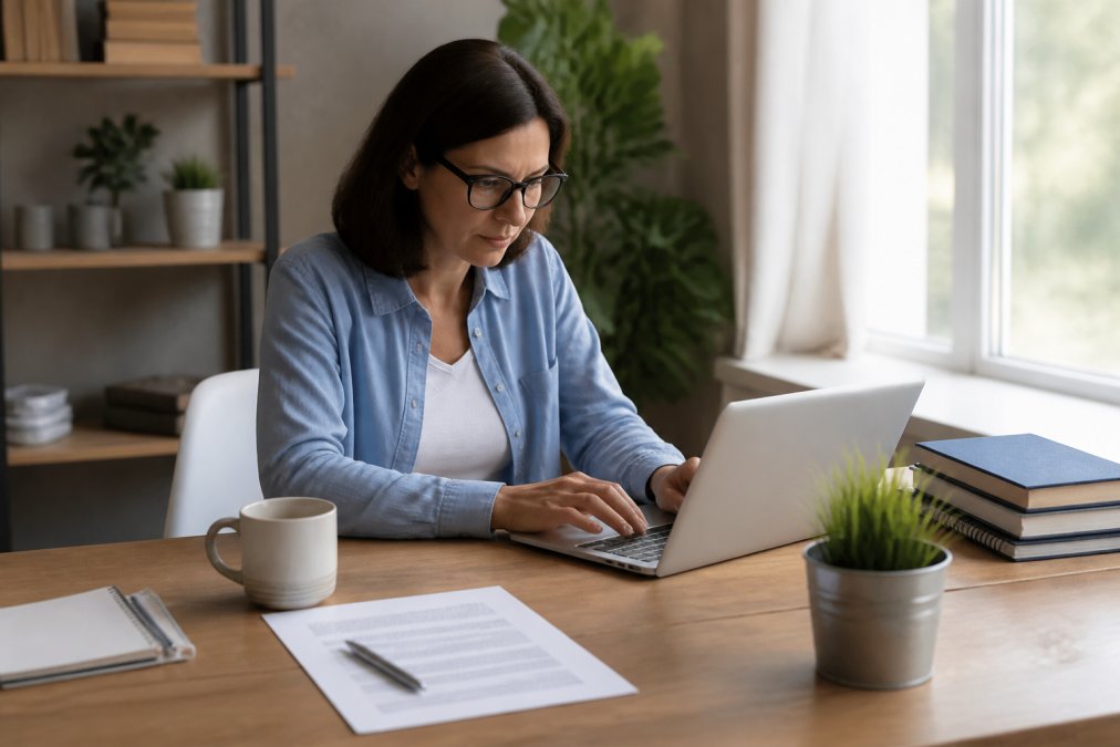 Entrepreneur typing on a laptop with a printed business plan template and coffee on a tidy home office desk