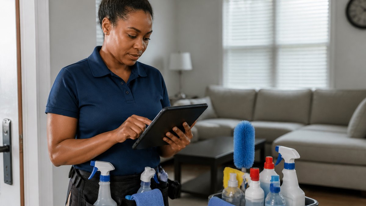 Cleaning business owner reviewing a digital estimate on a tablet while standing at a client's home, with cleaning supplies visible in the background