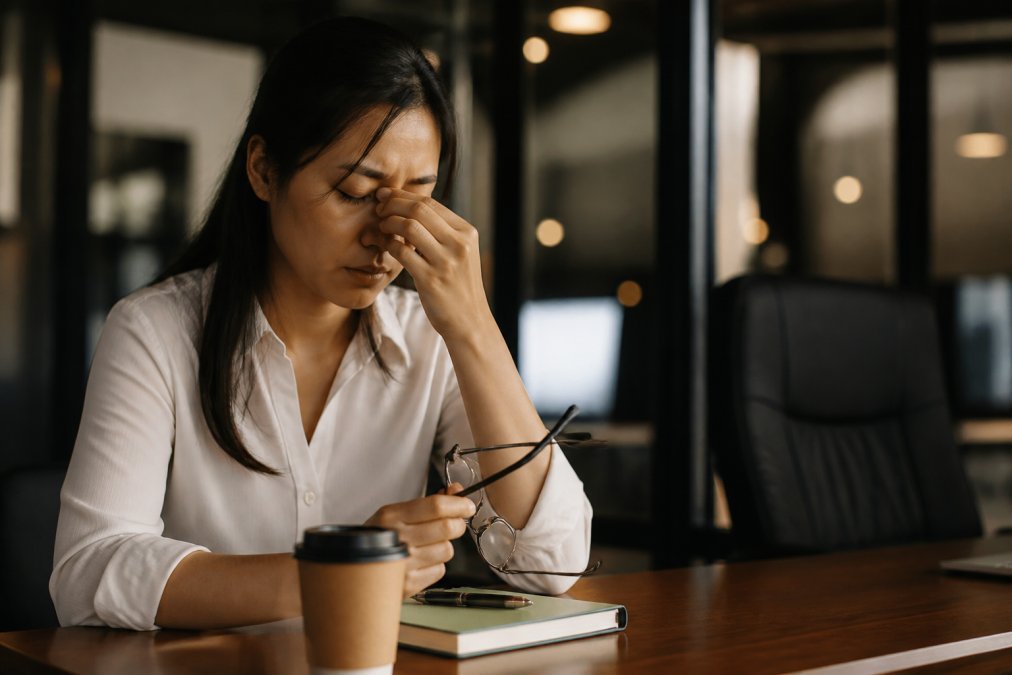 Person rubbing tired eyes while working at a computer, a common symptom of digital eye strain in the office.
